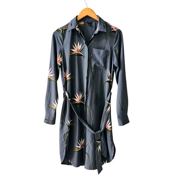Ann Taylor Gray Floral Long Sleeve Button Up Belted Shirt Dress Size XS - Picture 1 of 6